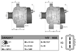 Denso machinery alternator, 14V 60A, two side-by-side diagrams with mounting dimensions (ØA 63 mm, E 66 mm).