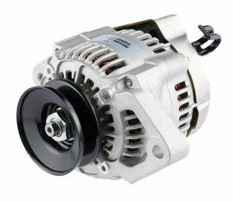 Denso machinery alternator, 14V 45A, silver aluminum housing with black pulley