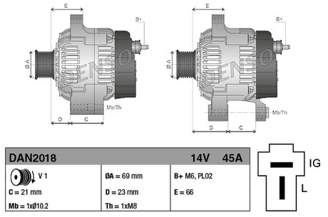Denso two-view machinery alternator 14V 45A drawing with mounting dimensions for Kubota R520 and Schäffer 860