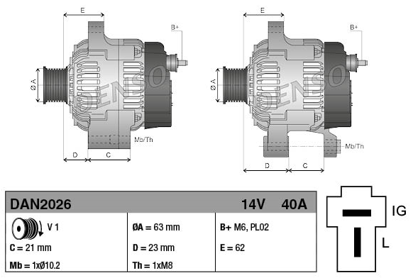 Two Denso 14V 40A alternators for Kubota M Series, Perkins 400.