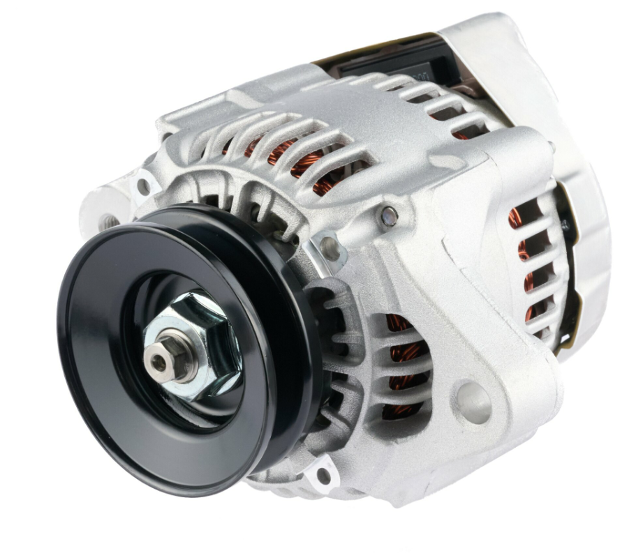 Denso alternator with aluminum housing and black pulley, 14V 40A; compatible with Bobcat 319 and Hitachi ZX35 machinery.