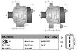 Denso alternator 14V 40A for Bobcat 319 and Hitachi ZX35; two views with mounting dimensions.