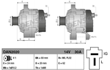 Denso 14V 30A Kubota machinery alternator; two views with mounting dimensions and B+ terminal.