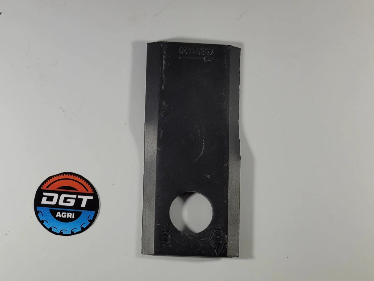 Kuhn mower blade K6801410, black metal agricultural accessory with central round hole, DGT Agri branding.
