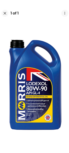 Morris Lodexol 80W-90 gear oil GL-4, 5L blue plastic jug with black cap