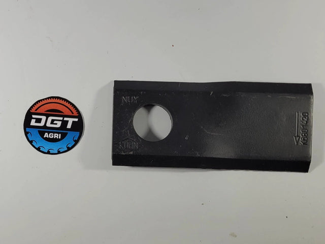 Kuhn mower blade K6801410, black metal with central mounting hole; DGT Agri logo sticker beside.