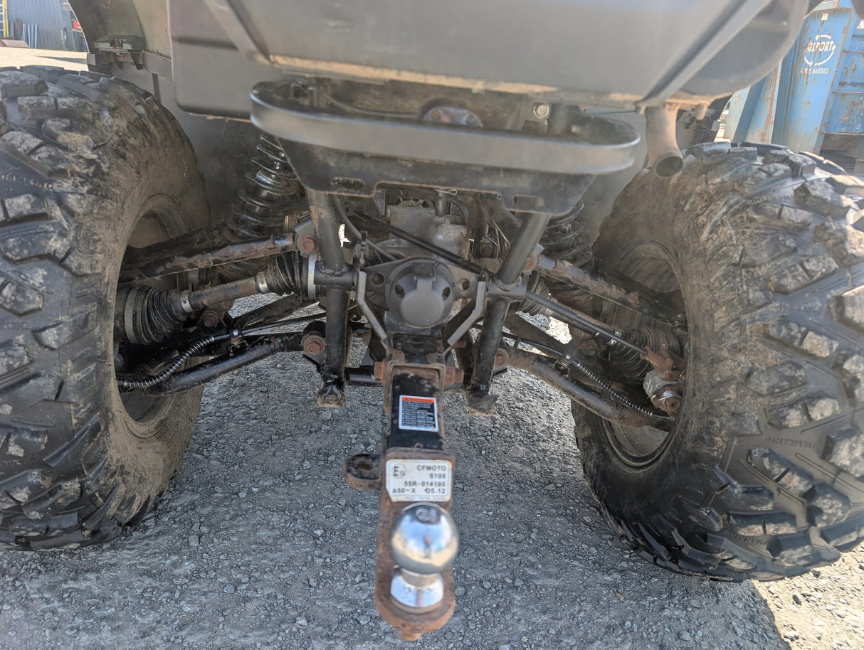 Used CFMOTO CFORCE 450 ATV, black with muddy suspension and rear hitch