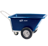 JFC Agri three-wheeled blue feed barrow with swivel wheel