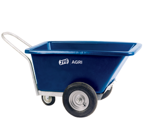 JFC Agri three-wheeled blue feed barrow with swivel wheel