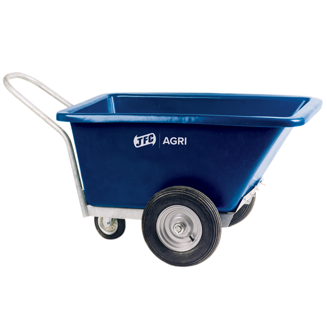 JFC Agri three-wheeled blue feed barrow with swivel wheel