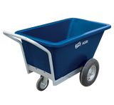 JFC Agri blue three-wheeled feed barrow with swivel front wheel and steel frame