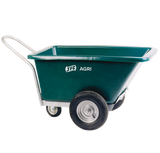 JFC Agri three-wheeled green heavy-duty feed barrow with swivel wheel.
