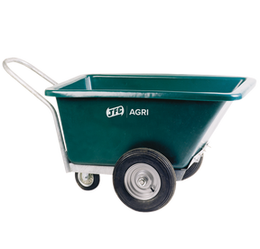 JFC Agri three-wheeled green heavy-duty feed barrow with swivel wheel.