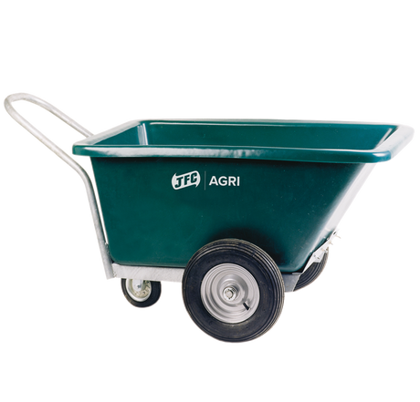 JFC Agri three-wheeled green heavy-duty feed barrow with swivel wheel.