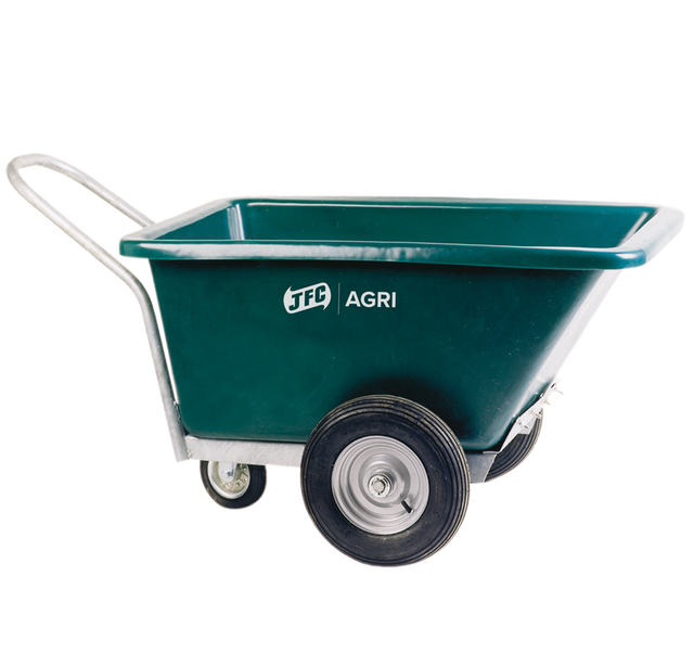 JFC Agri three-wheeled green heavy-duty feed barrow with swivel wheel.