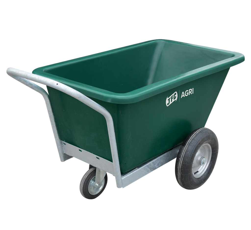 JFC Agri three-wheeled feed barrow, green heavy-duty farm wheelbarrow with swivel front wheel