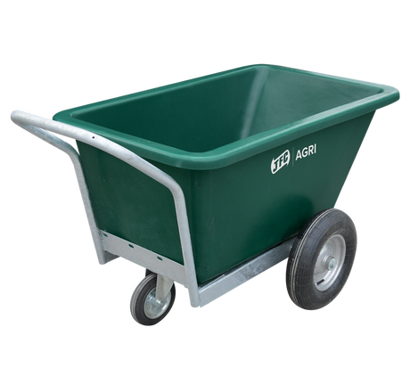 JFC Agri three-wheeled feed barrow, green heavy-duty farm wheelbarrow with swivel front wheel