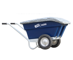 JFC Agri wheelbarrow cover for TWB250; heavy-duty weatherproof, elasticated, on blue wheelbarrow.