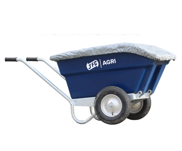 JFC Agri wheelbarrow cover for TWB250; heavy-duty weatherproof, elasticated, on blue wheelbarrow.