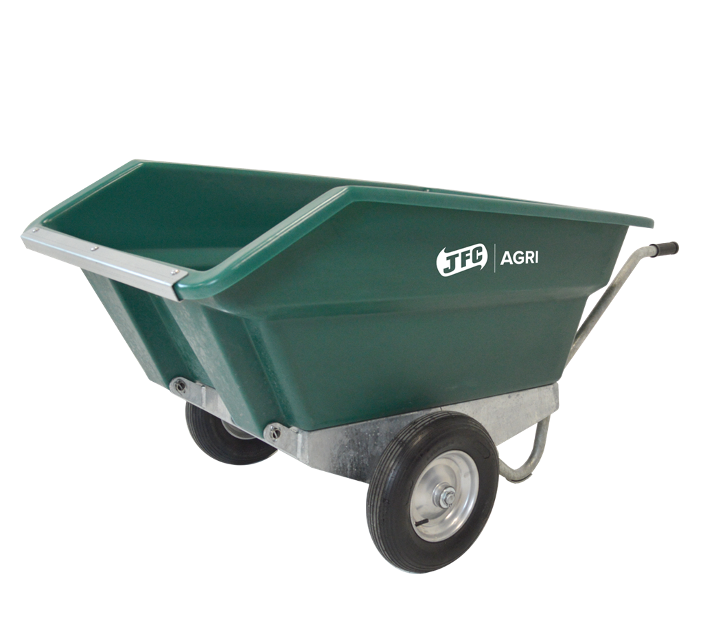 JFC Agri 400L tipping wheelbarrow in green with pneumatic wheels, large capacity.