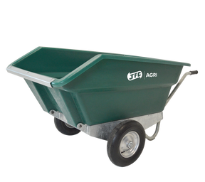 JFC Agri 400L tipping wheelbarrow in green with pneumatic wheels, large capacity.