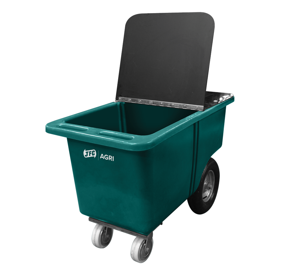 JFC Agri hinged lid for Slimline Feed Barrow, UV-resistant green polyethylene bin on wheels