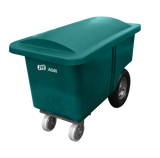 Drop-on lid for slimline feed barrow by JFC Agri; green UV-resistant plastic with branding