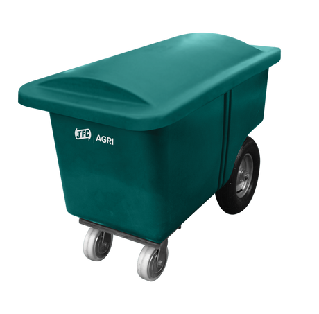 Drop-on lid for slimline feed barrow by JFC Agri; green UV-resistant plastic with branding