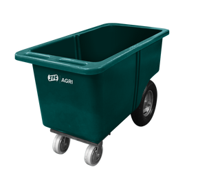 JFC Agri Slimline 250L Feed Barrow, green, 4-wheel narrow design with swivel castors.