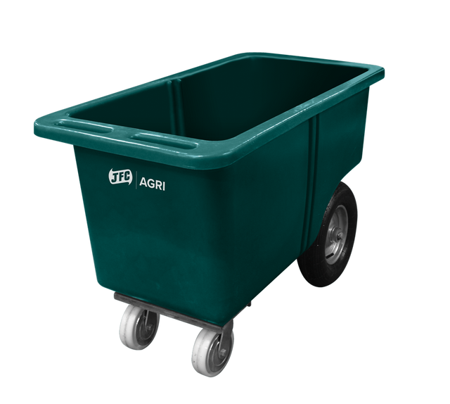 JFC Agri Slimline 250L Feed Barrow, green, 4-wheel narrow design with swivel castors.