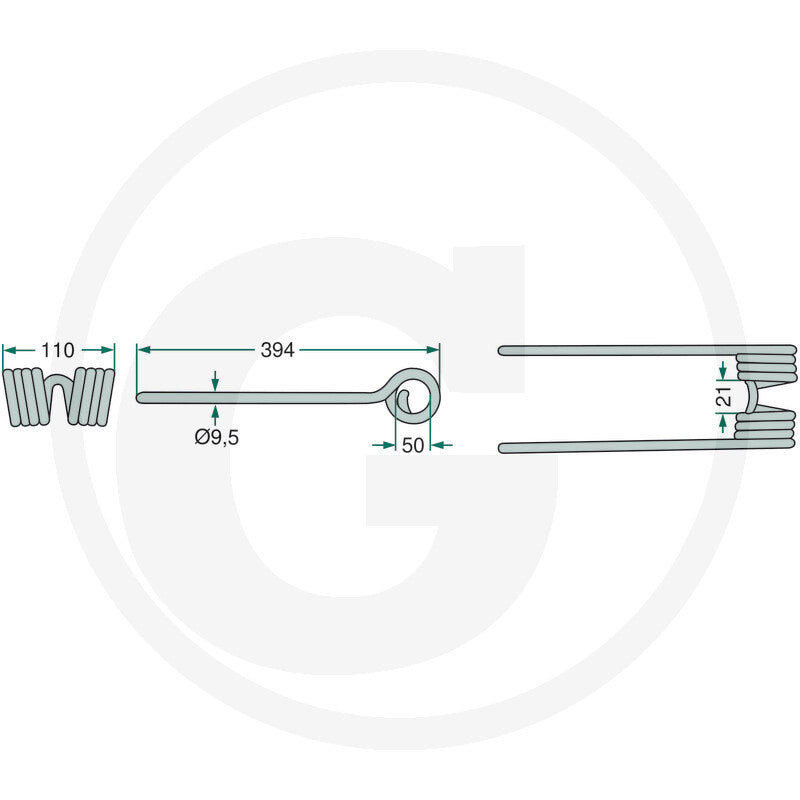 Granit Rotary Tedder Tine, Kuhn, single unit; steel mounting tine with Ø9.5 hole and 394 mm length.