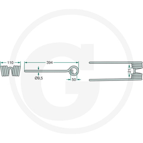 Granit Rotary Tedder Tine, Kuhn, single unit; steel mounting tine with Ø9.5 hole and 394 mm length.