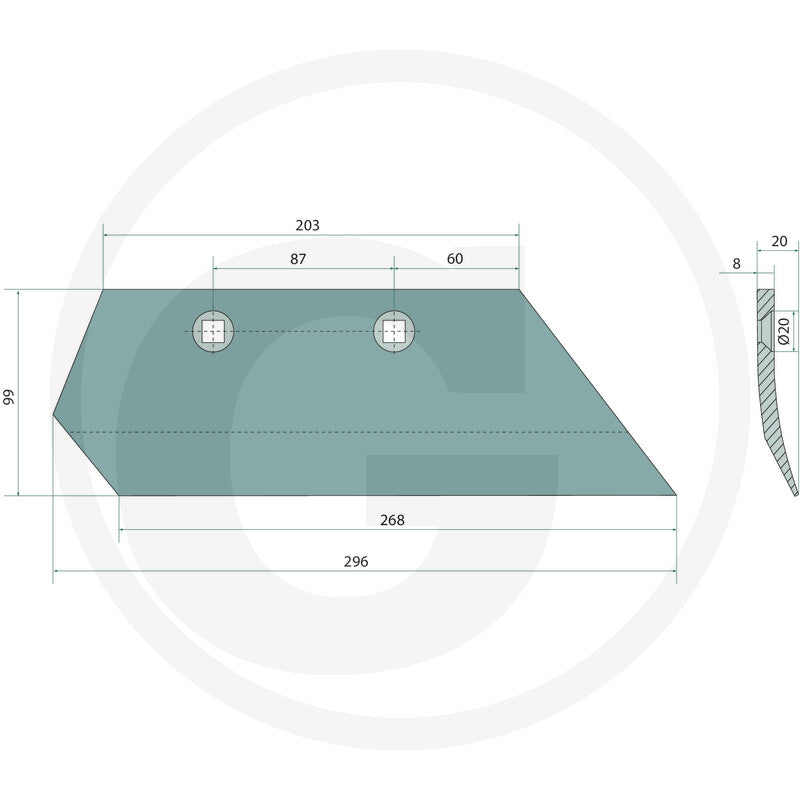 GRANIT Skimmer Share 56017 teal tillage part with two mounting holes (technical drawing)