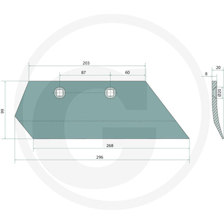 GRANIT Skimmer Share 56017 teal tillage part with two mounting holes (technical drawing)
