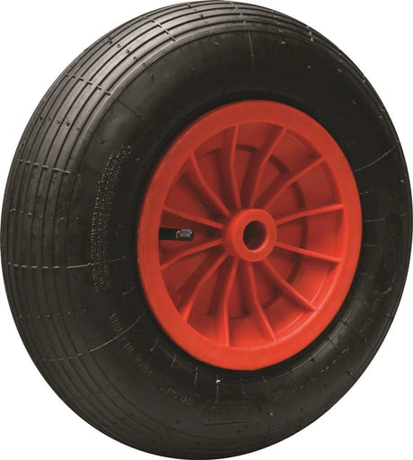 JFC Agri wheelbarrow wheel with red plastic rim and black 4-ply tire, 1-inch plain bearing for Milk Kart range
