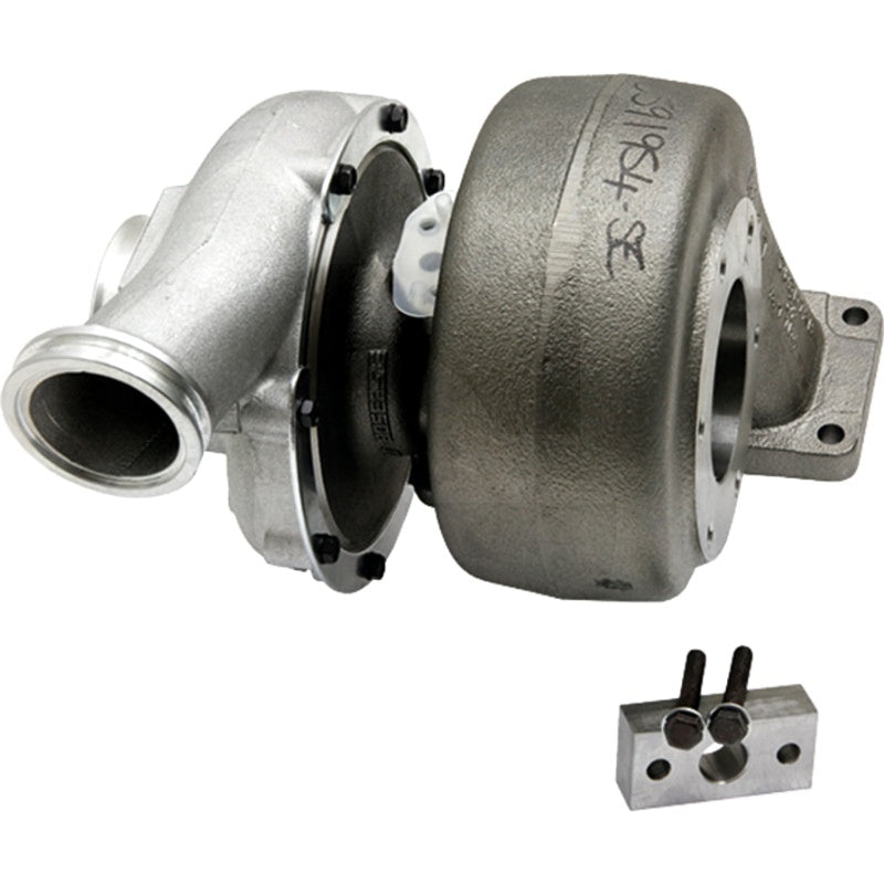 Garrett tractor turbocharger with silver compressor housing and dark turbine housing; mounting adapter included